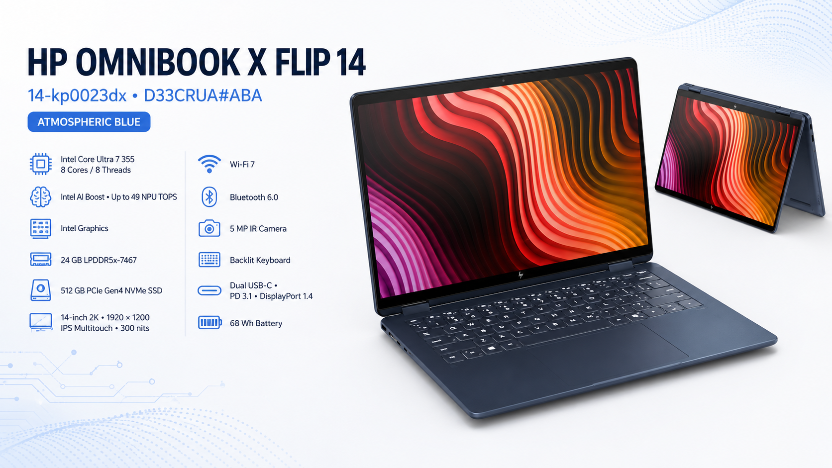 HP OmniBook X Flip 14-kp0023dx 14-inch 2K Touch Laptop Core Ultra 7 355 24GB 512GB Atmospheric Blue Overview