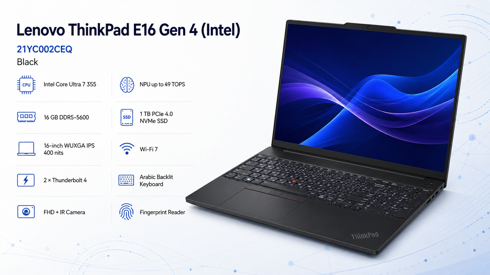 Lenovo ThinkPad E16 Gen 4 21YC002CEQ Core Ultra 7 355 Laptop Black Overview