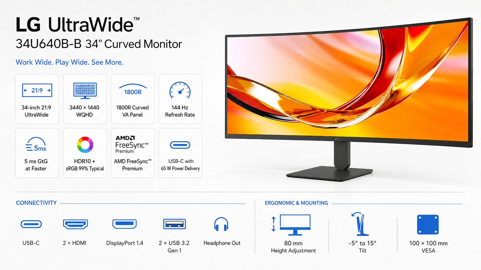 LG UltraWide 34U640B-B 34-inch WQHD Curved 144Hz USB-C Monitor Black Overview