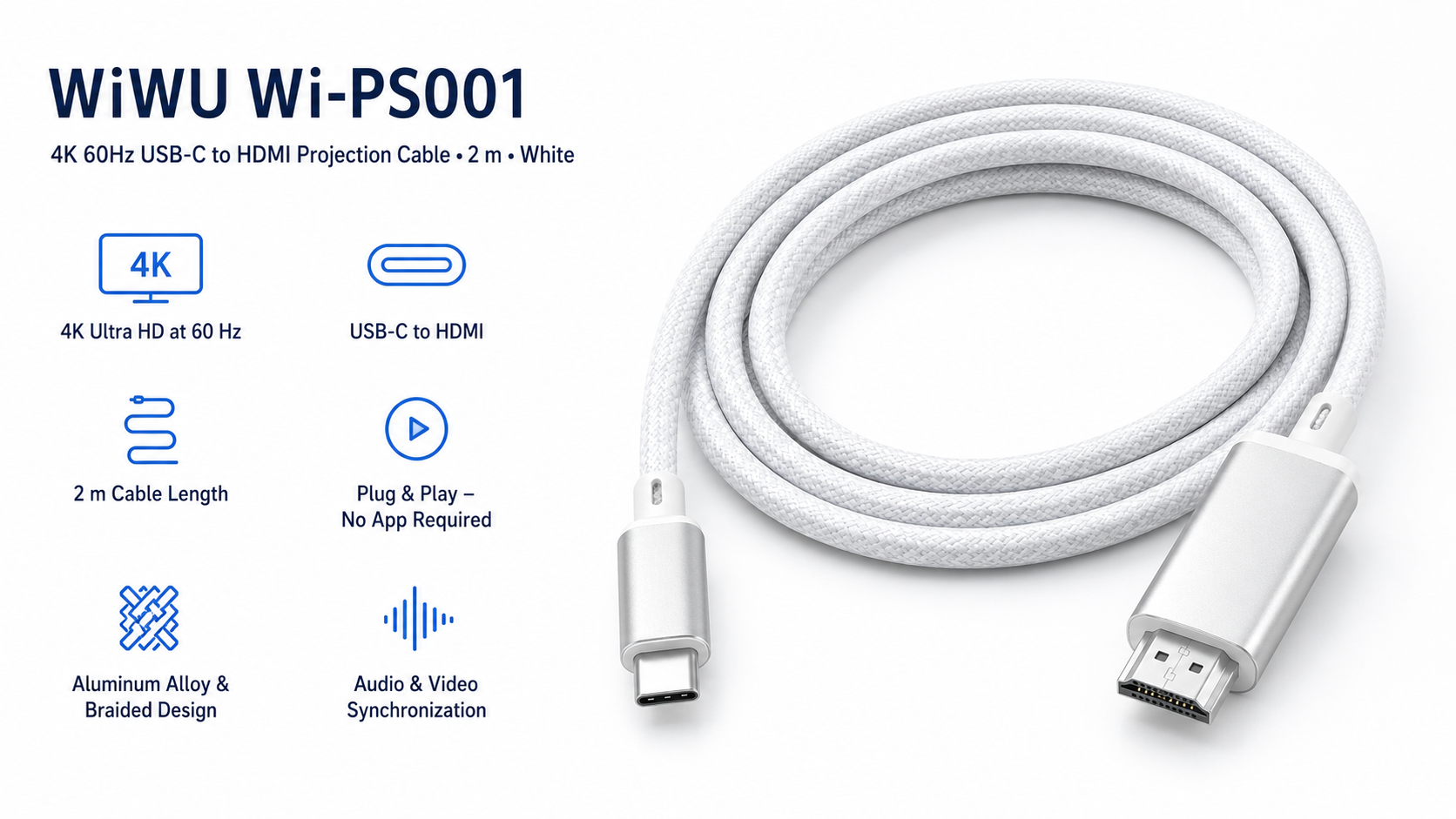WiWU Wi-PS001 4K 60Hz USB-C to HDMI Projection Cable 2m White Overview