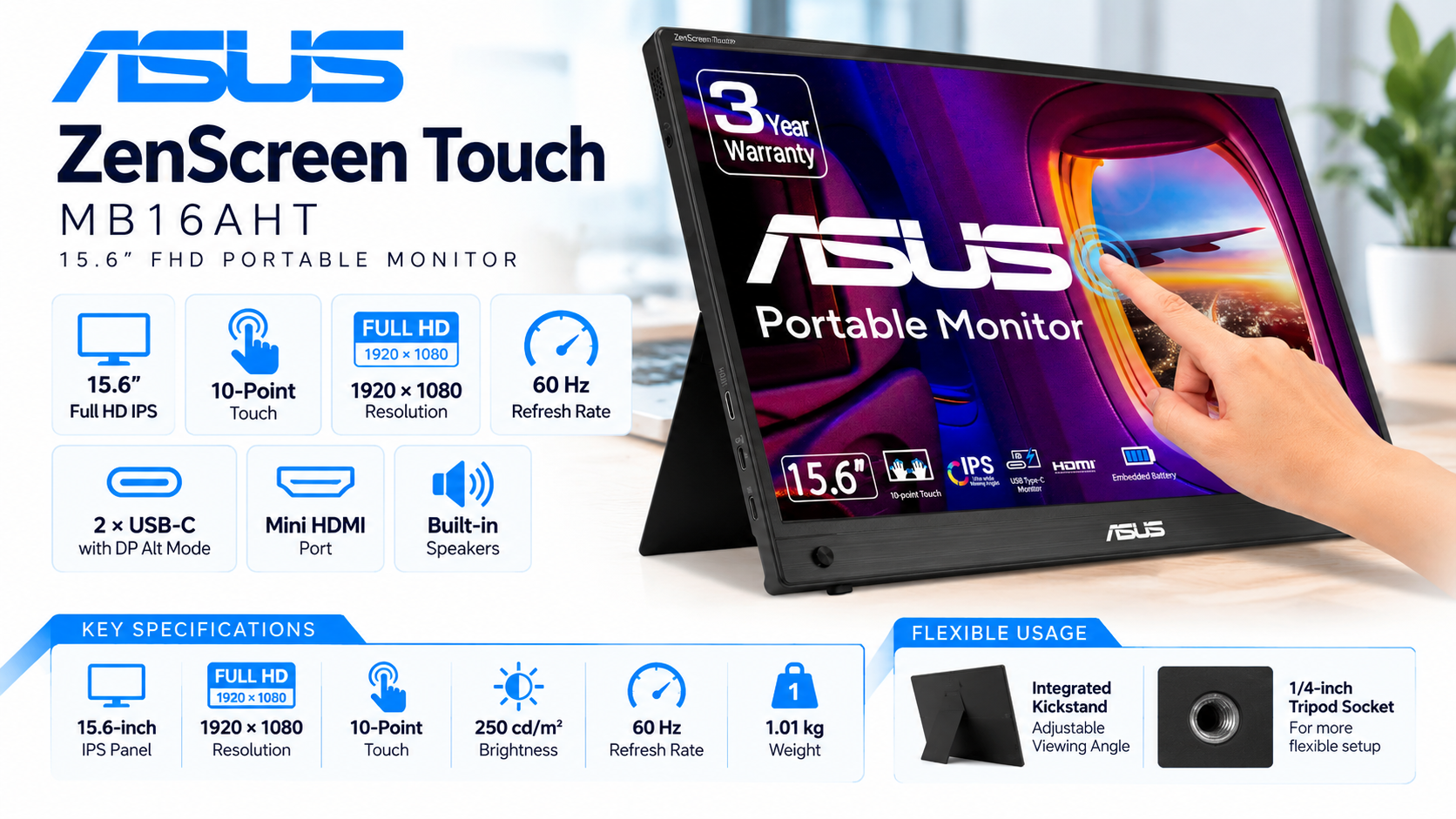 ASUS ZenScreen Touch MB16AHT 15.6-inch FHD IPS 10-Point Touch Portable Monitor Overview