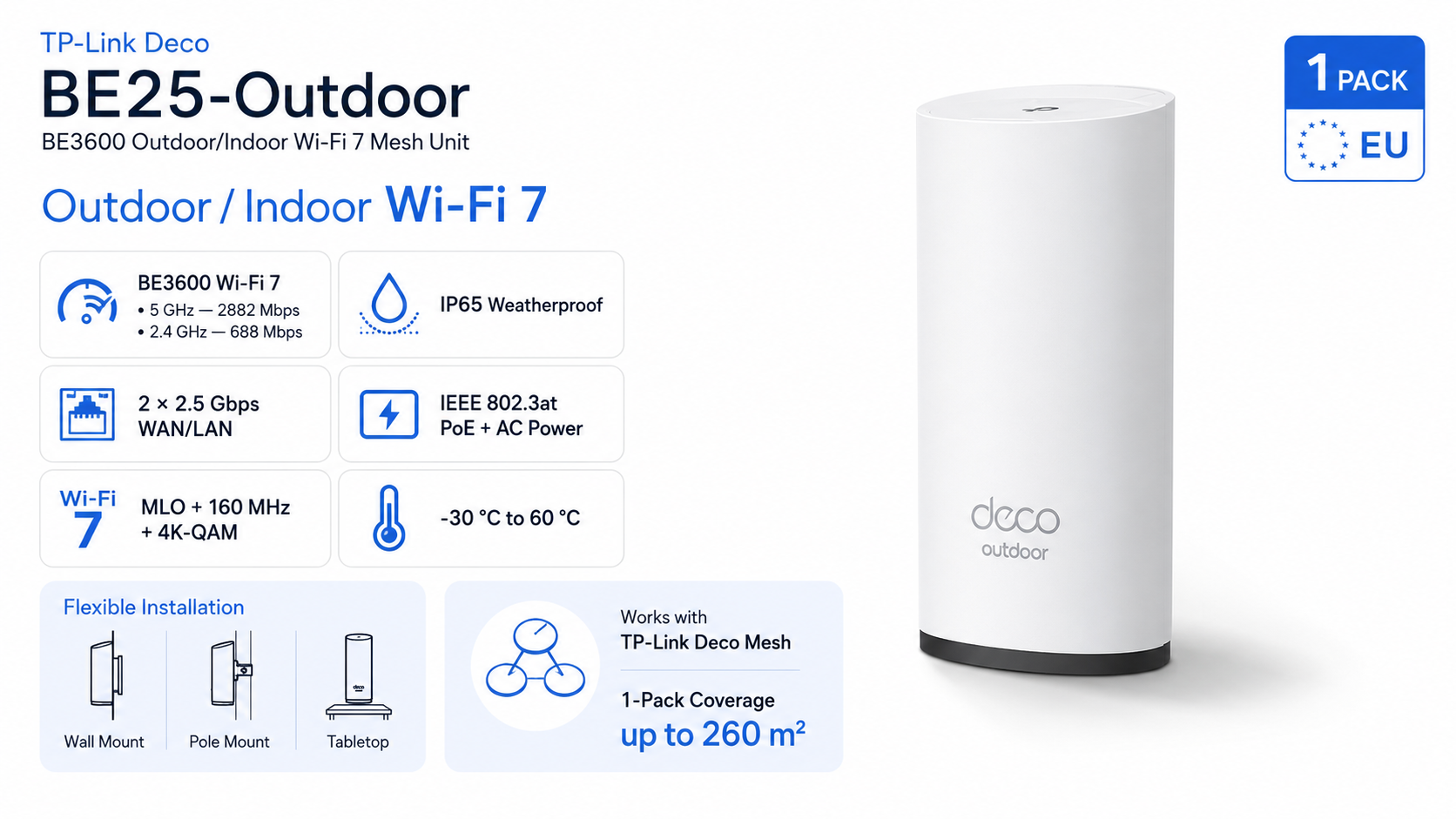 TP-Link Deco BE25-Outdoor BE3600 Outdoor Indoor Wi-Fi 7 Mesh Unit 1 Pack EU Overview