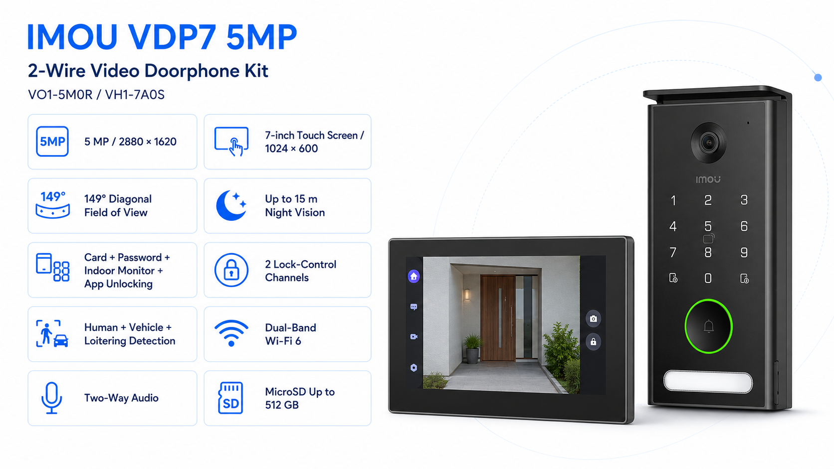 IMOU VDP7 5MP 2-Wire Video Doorphone Kit with 7-inch Touch Screen VO1-5M0R VH1-7A0S Overview