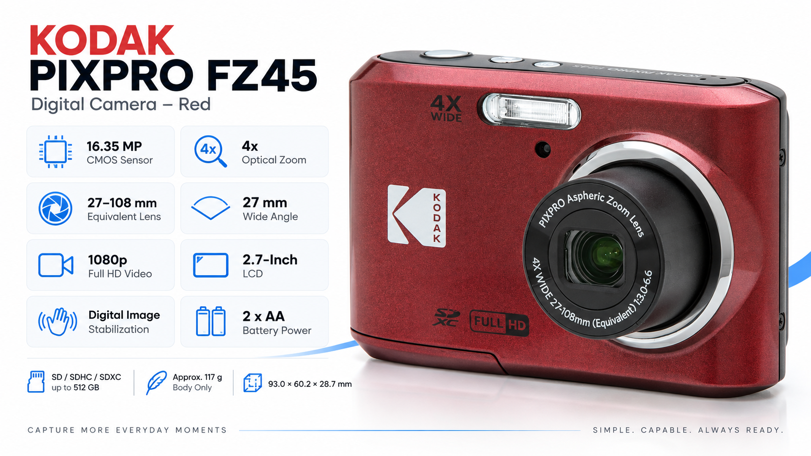 KODAK PIXPRO FZ45 16MP 4x Optical Zoom Digital Camera Red Overview