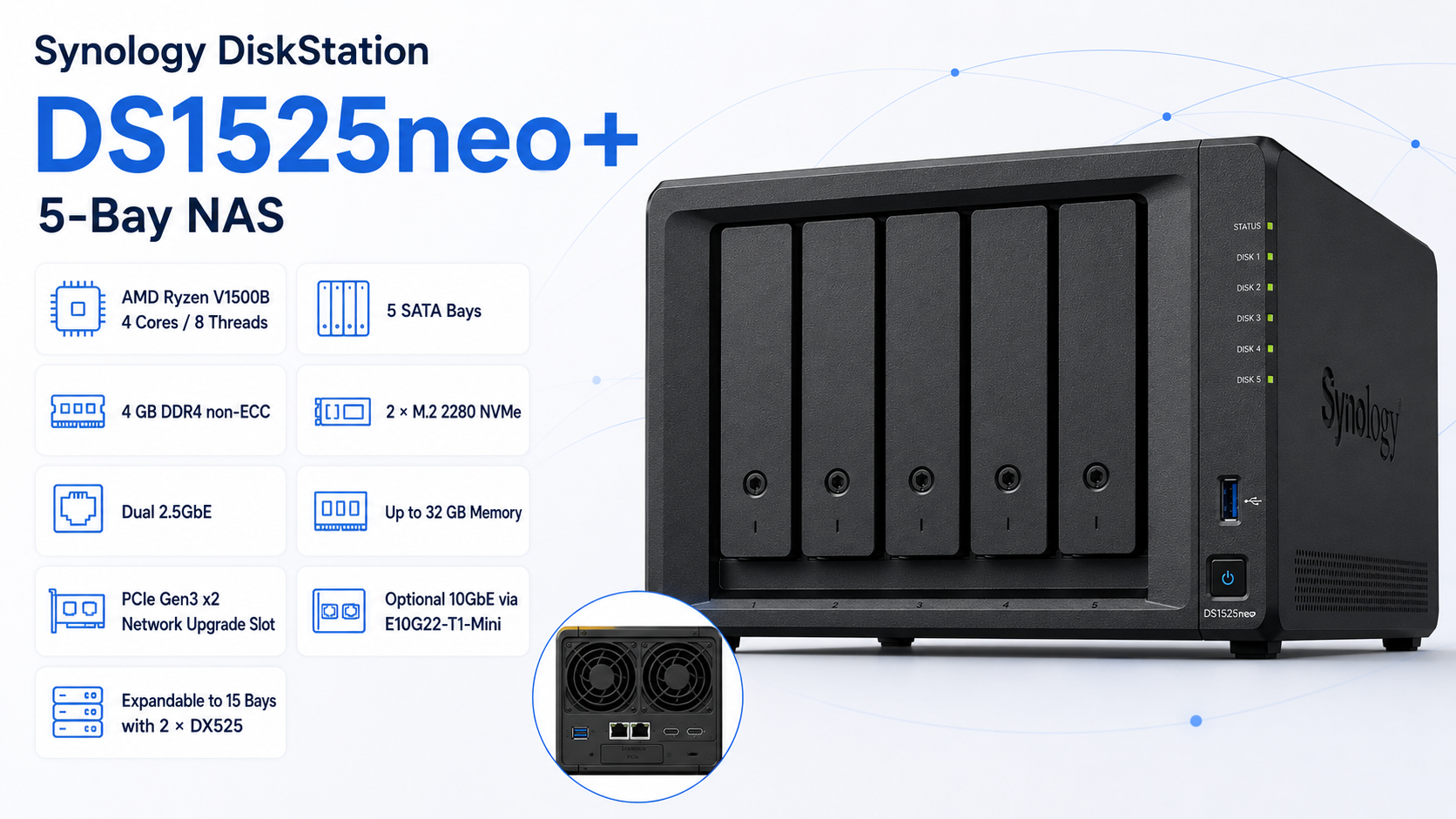 Synology DiskStation DS1525neo+ 5-Bay NAS 4GB DDR4 with Dual 2.5GbE Overview