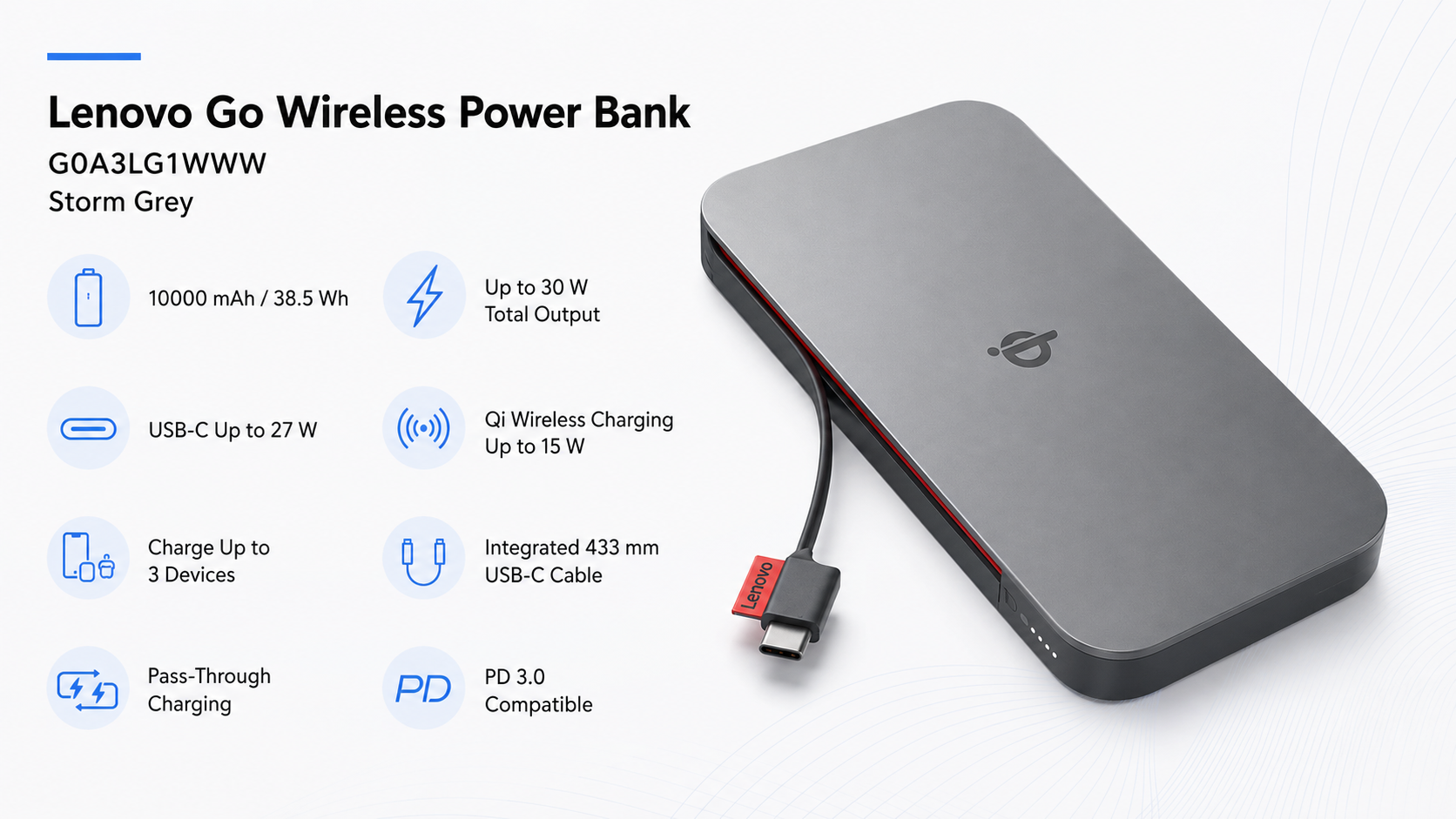 Lenovo Go Wireless Power Bank 10000mAh 30W Qi 15W Storm Grey Overview