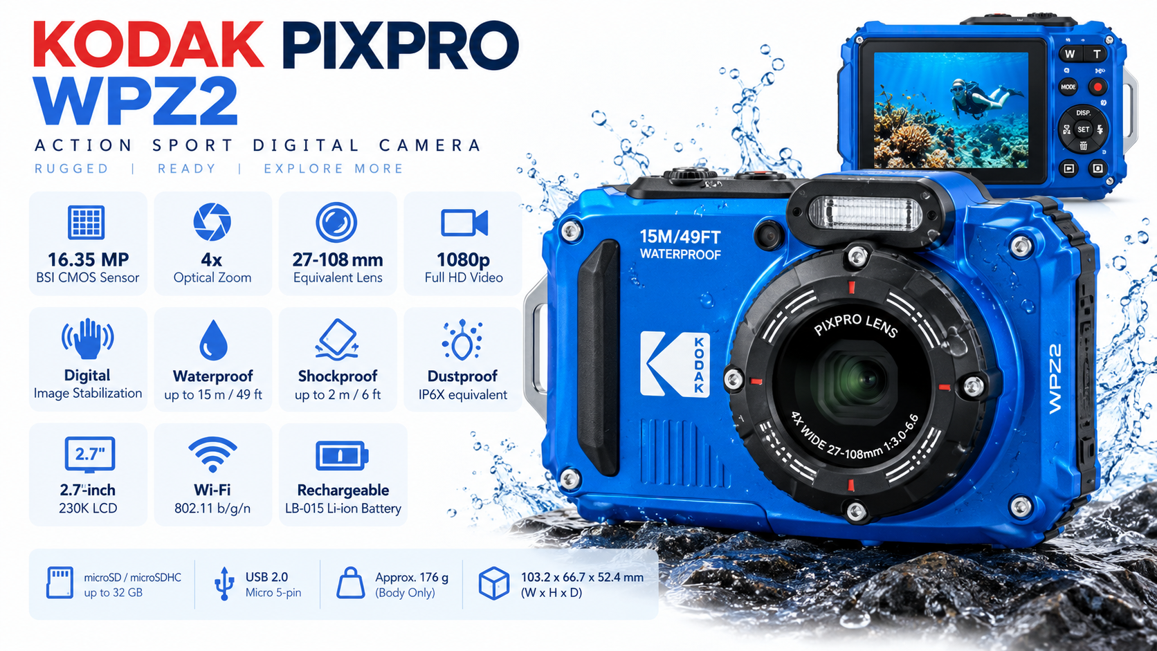 KODAK PIXPRO WPZ2 Rugged Waterproof Digital Camera Blue Overview