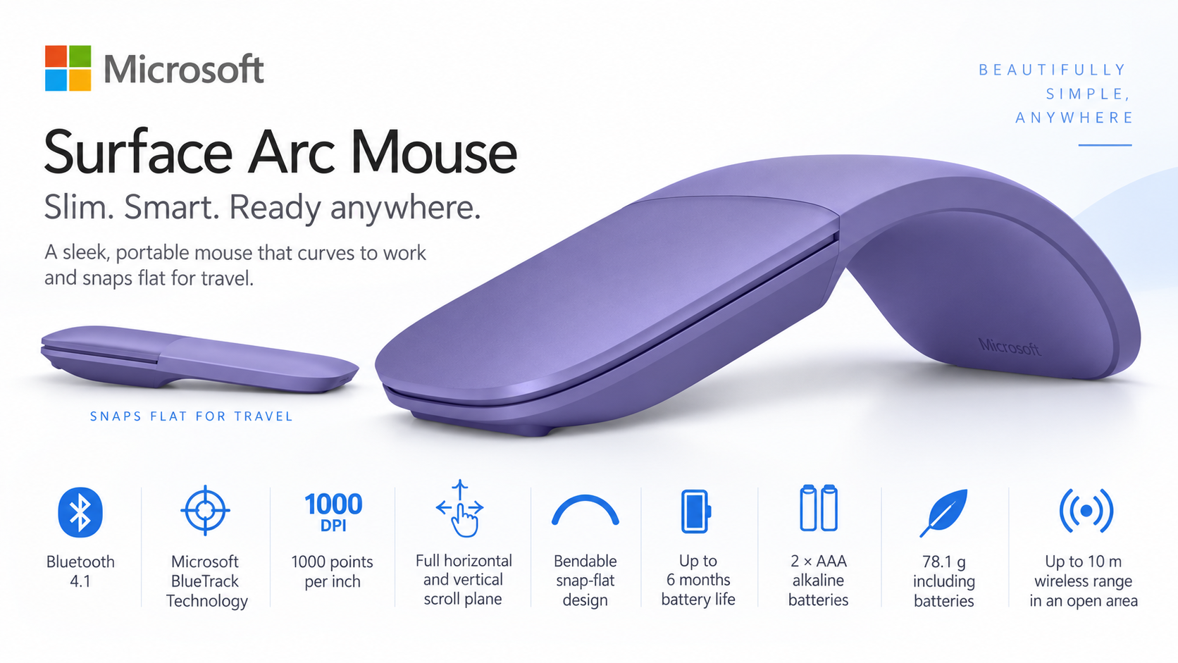 Microsoft Surface Arc Mouse EP2-38231 Wireless Bluetooth Mouse Violet Overview