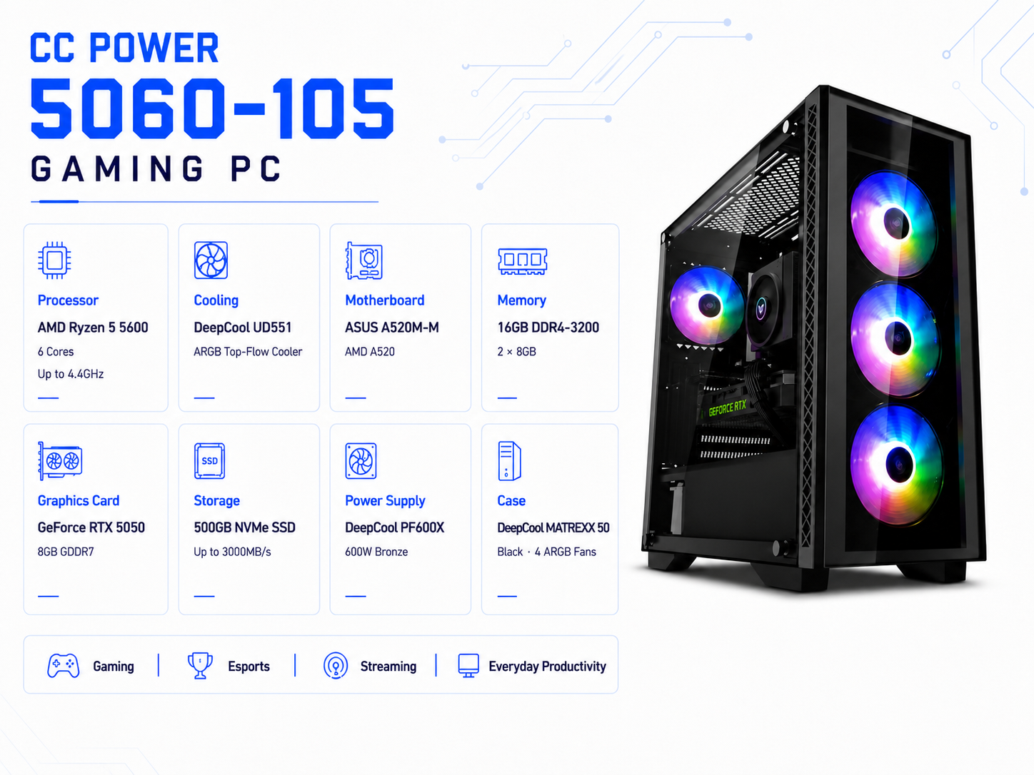 CC POWER 5050-103 Gaming PC – AMD Ryzen 5 5600 | GeForce RTX 5050 | 16GB DDR4 | 500GB NVMe