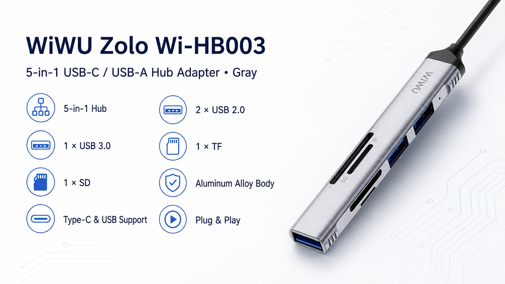 WiWU Zolo Wi-HB003 5-in-1 USB-C/USB-A Hub Adapter Gray Overview