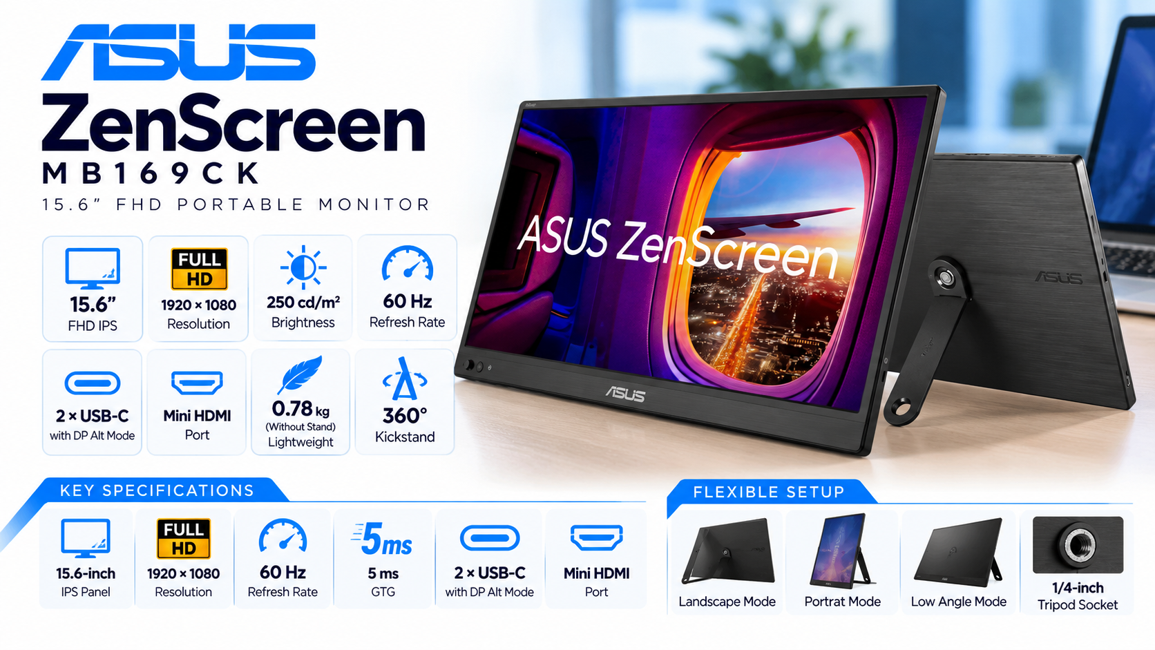 ASUS ZenScreen MB169CK 15.6-inch FHD IPS Portable Monitor Overview