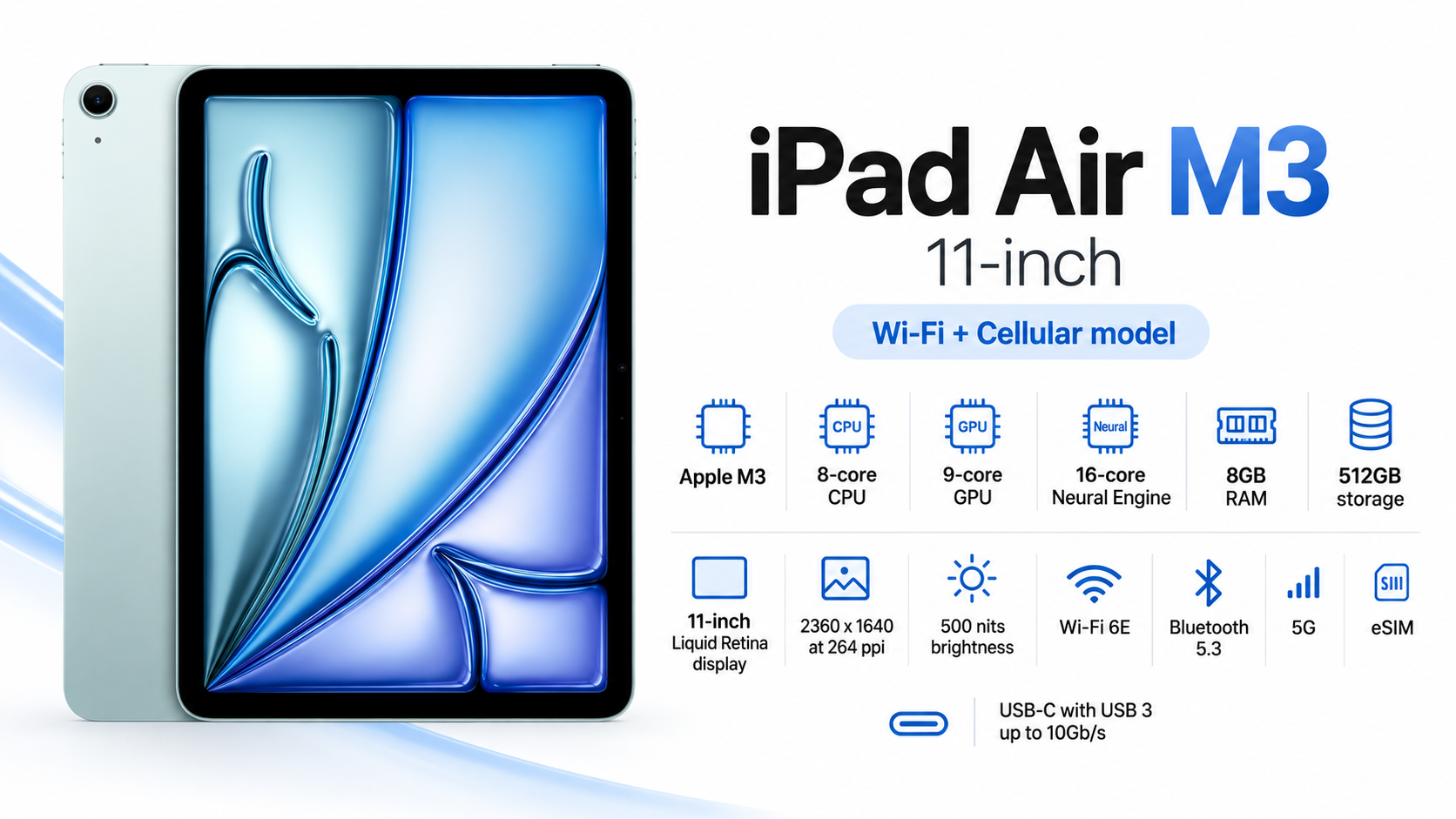 Apple iPad Air 11-inch M3 Wi-Fi + Cellular 512GB Blue Overview
