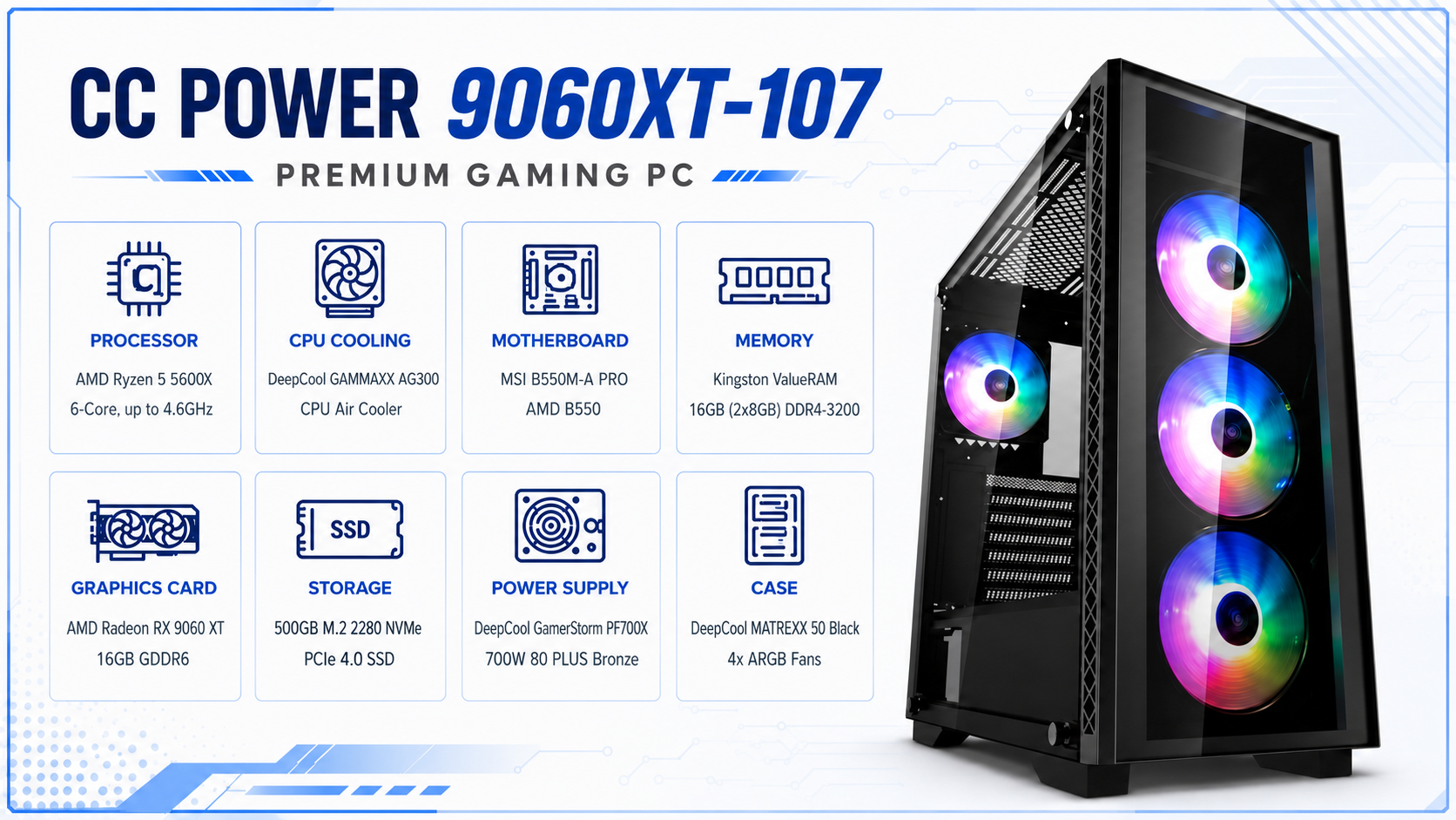 CC POWER 9060XT-107 Gaming PC – AMD Ryzen 5 5600X | Radeon RX 9060 XT 16GB | 16GB DDR4 | 500GB NVMe