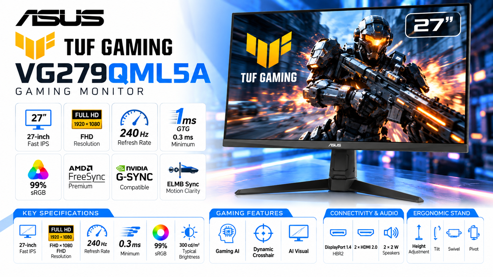 ASUS TUF Gaming VG279QML5A 27-inch FHD Fast IPS Gaming Monitor 240 Hz Overview