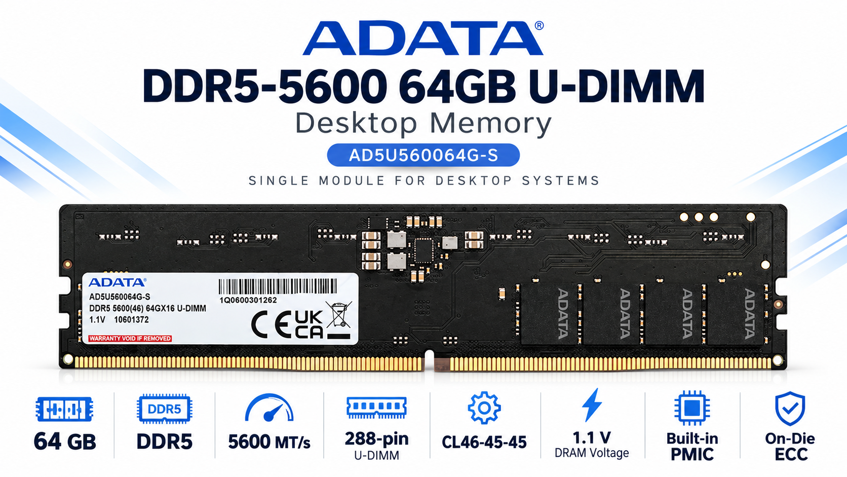 ADATA DDR5-5600 64GB U-DIMM Desktop Memory Overview
