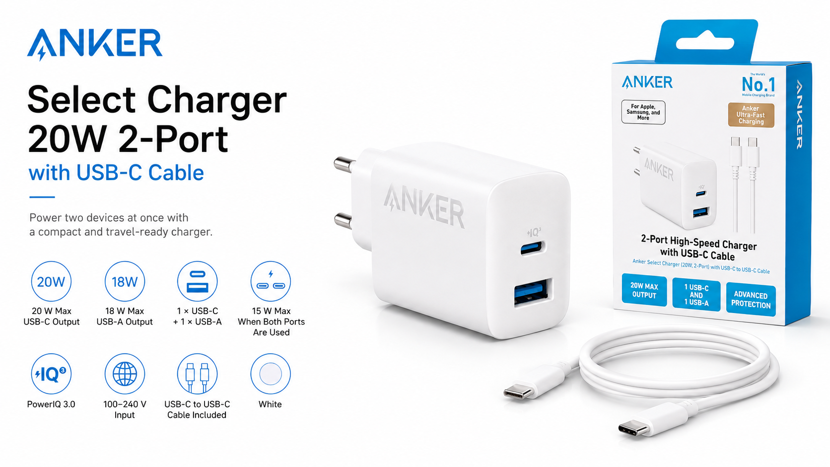 Anker Select Charger 20W 2-Port USB-C and USB-A with USB-C Cable White Overview