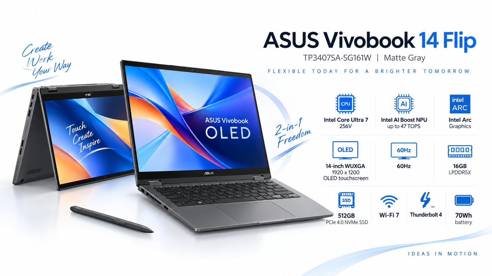 ASUS Vivobook 14 Flip TP3407SA 14-inch OLED Touch Laptop Matte Gray Overview