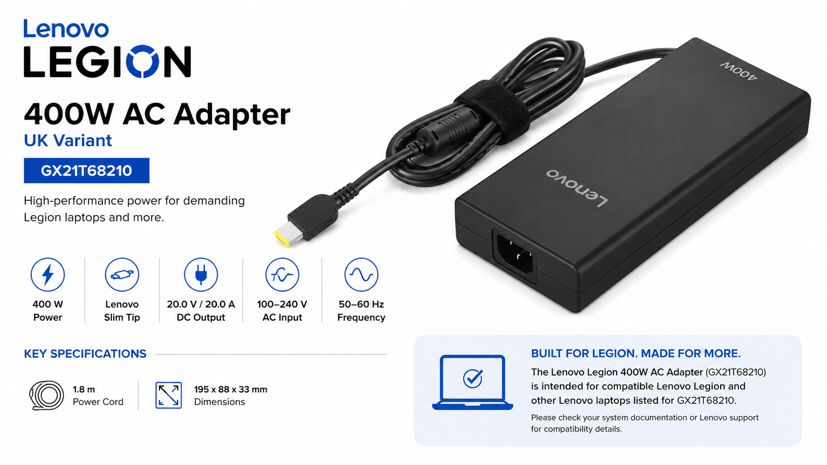 Lenovo Legion 400W AC Adapter Slim Tip UK Overview