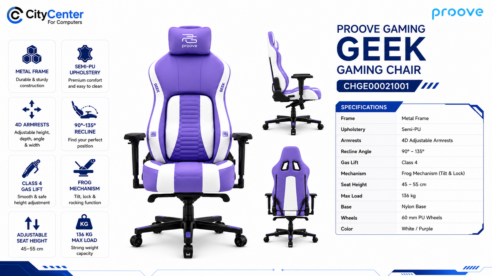 Proove Gaming Geek Gaming Chair White Purple Overview