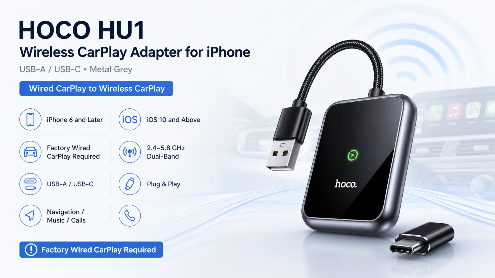 HOCO HU1 Wireless CarPlay Adapter for iPhone USB-A USB-C Metal Grey Overview