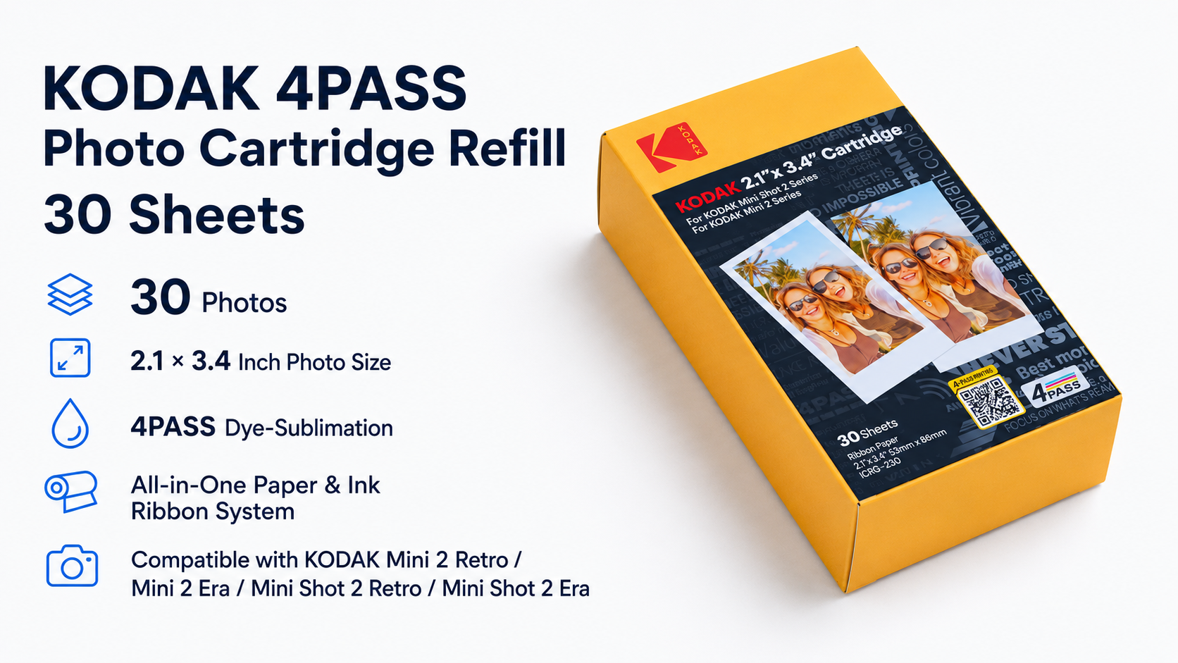 KODAK 4PASS 2.1x3.4 Inch Photo Cartridge Refill 30 Sheets Overview