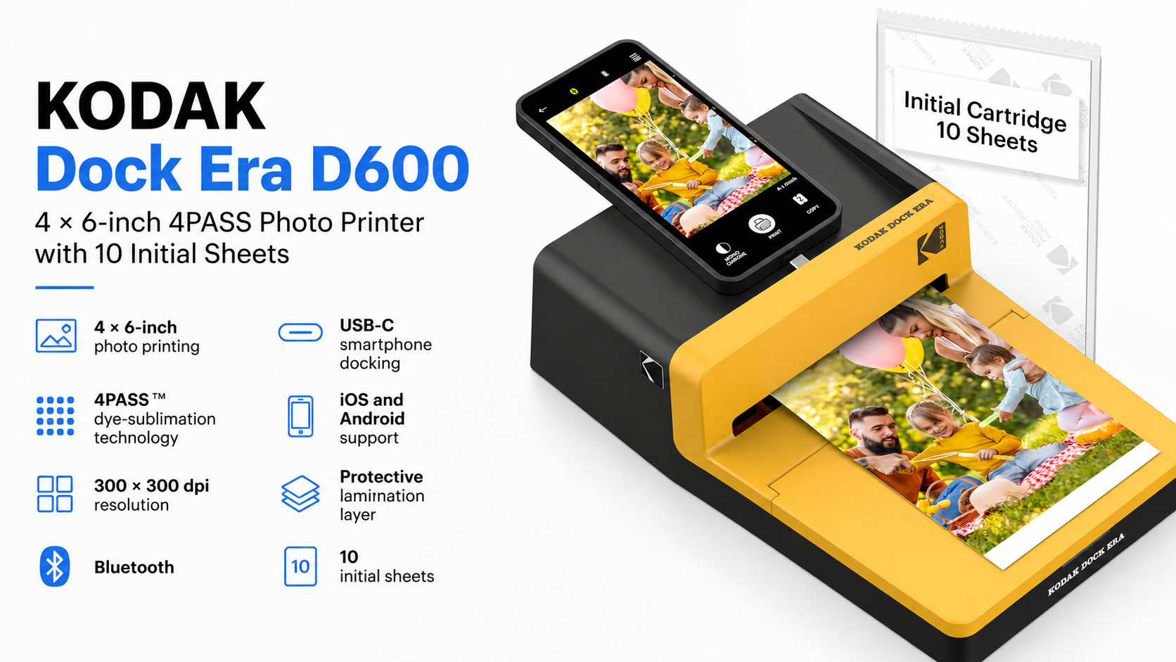 KODAK Dock Era D600 4x6-inch 4PASS Photo Printer with 10 Initial Sheets Overview