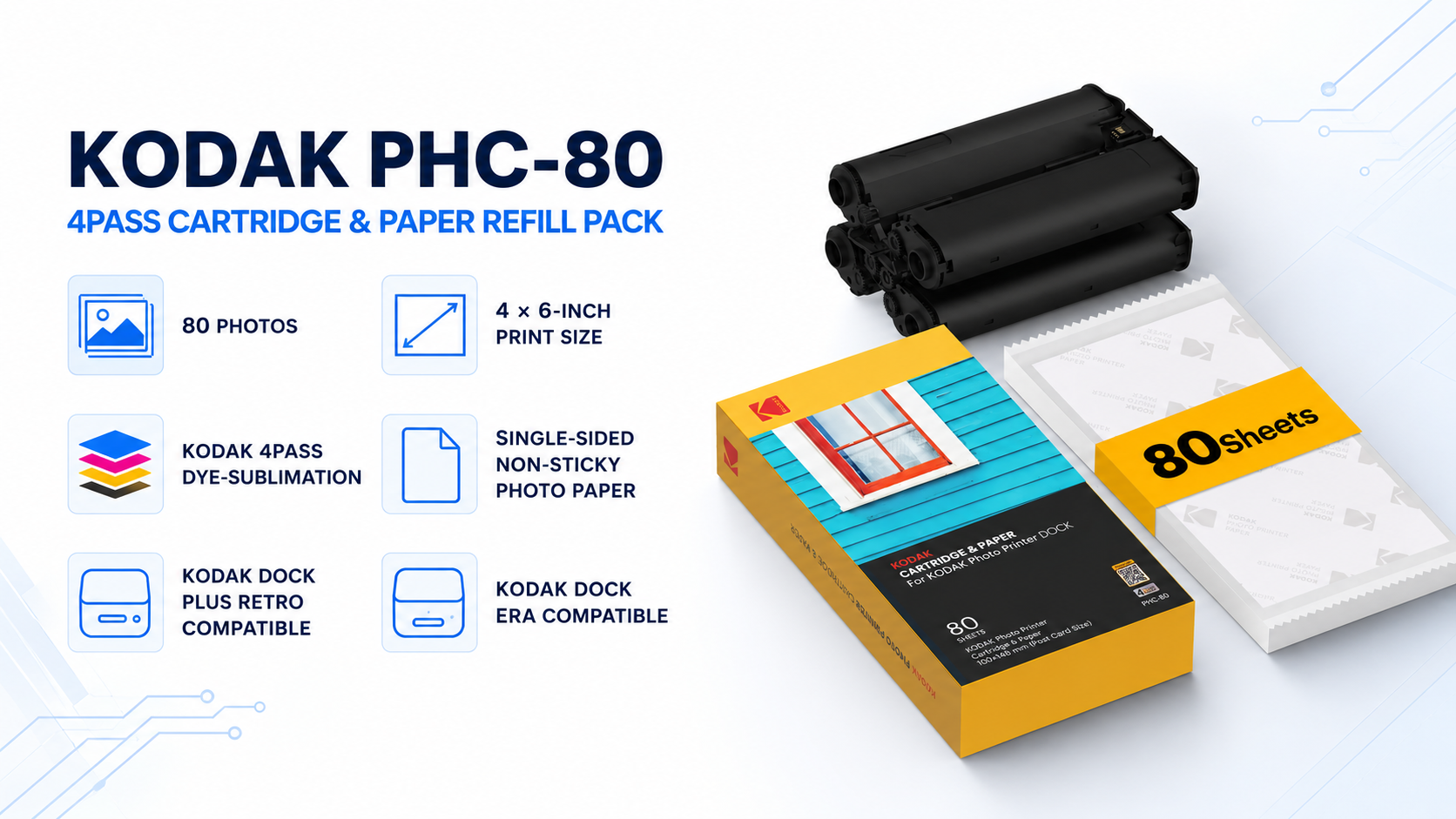 KODAK PHC-80 4PASS 4x6-inch Cartridge and Paper Refill Pack 80 Photos Overview
