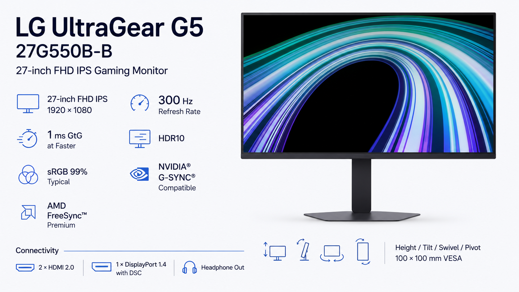 LG UltraGear G5 27G550B-B 27-inch FHD IPS 300Hz Gaming Monitor Overview