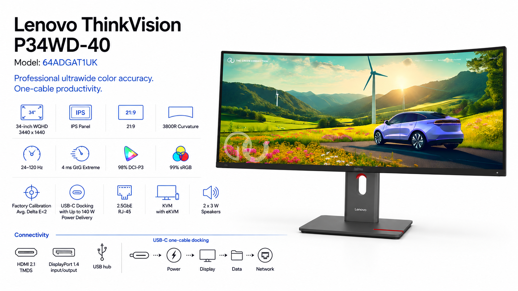 Lenovo ThinkVision P34WD-40 34-inch WQHD 120Hz USB-C Docking Monitor Eclipse Black Overview