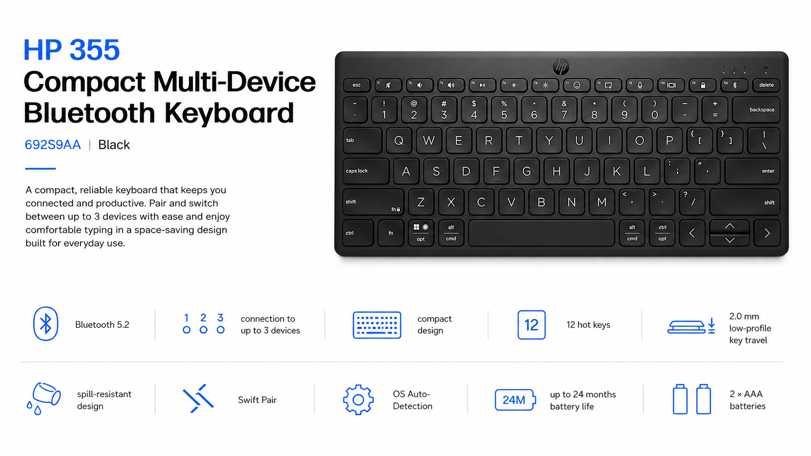 HP 355 Compact Multi-Device Bluetooth Keyboard Black Overview
