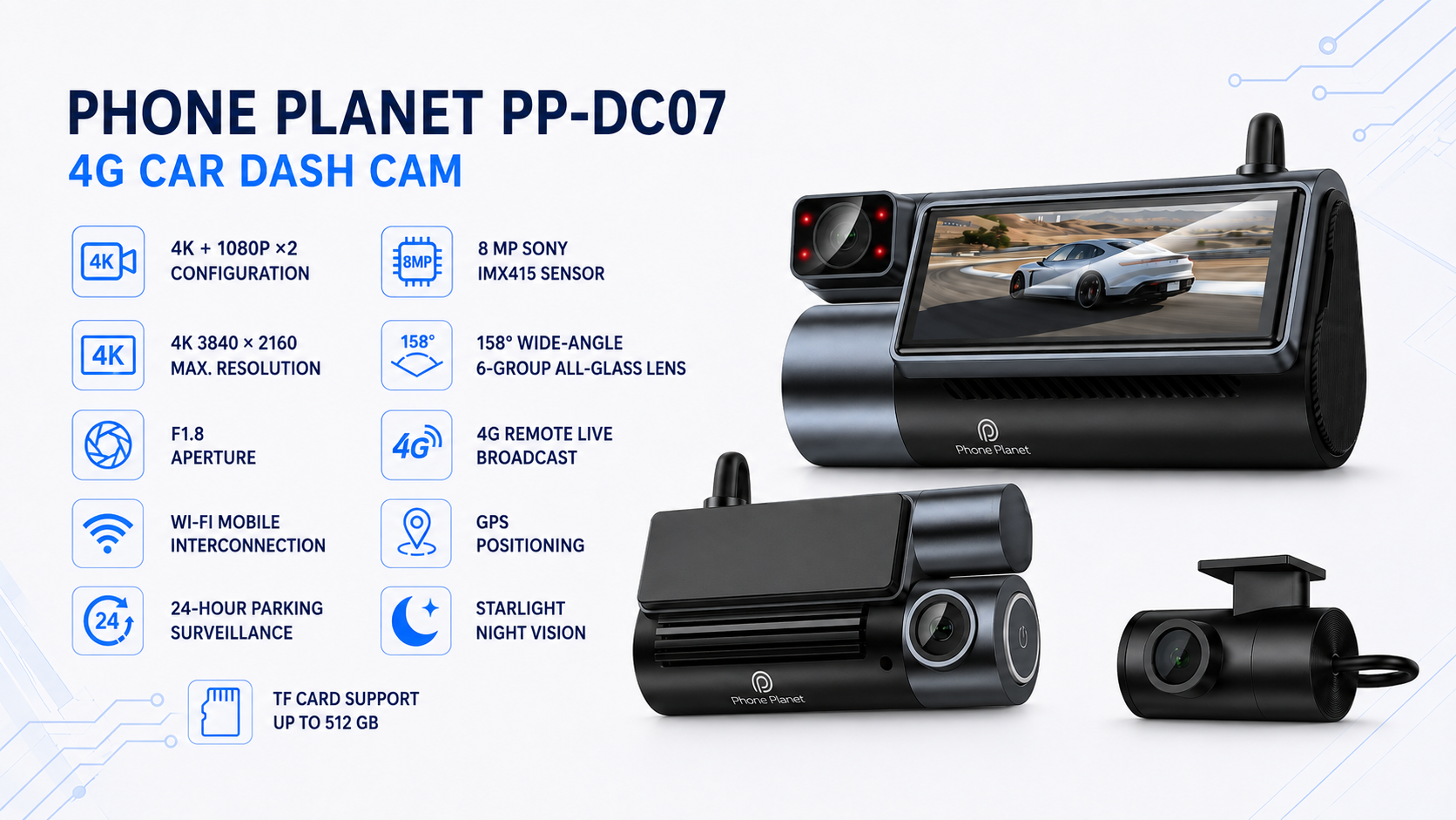 Phone Planet PP-DC07 4G 4K Car Dash Cam with GPS 158 Degree Wide Angle Overview