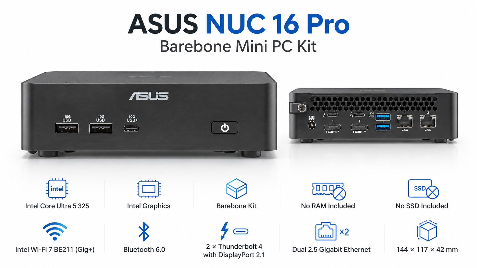 ASUS NUC 16 Pro NUC16GDKU5 Core Ultra 5 325 Barebone Mini PC Kit Overview