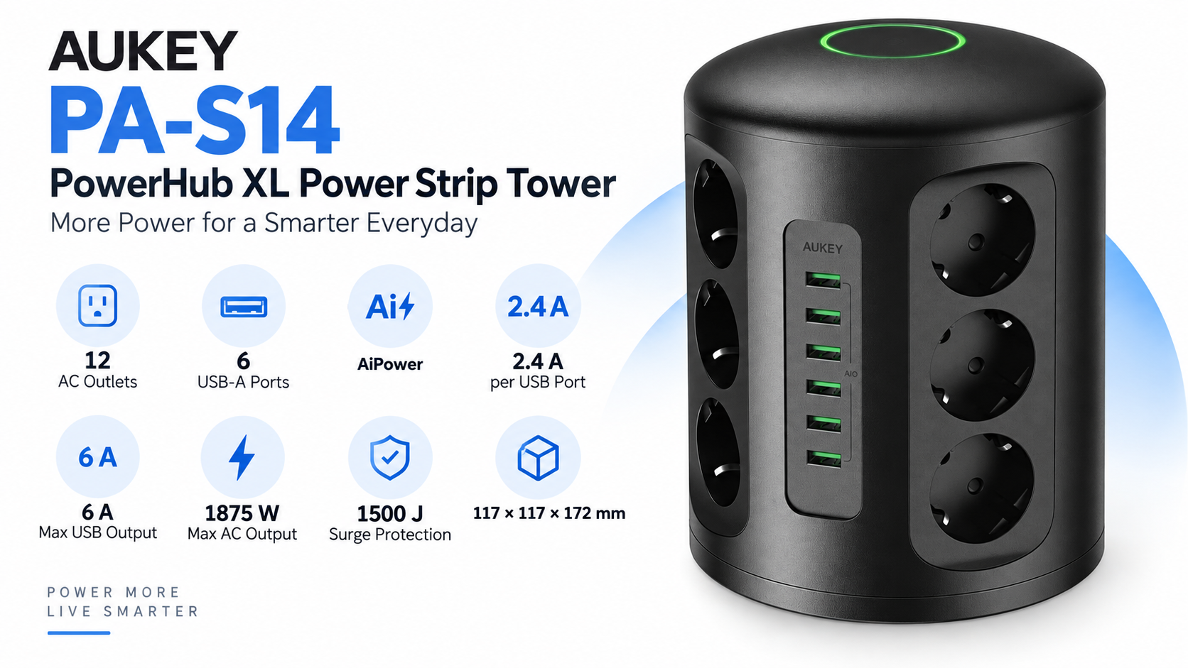 AUKEY PA-S14 PowerHub XL Power Strip Tower Overview