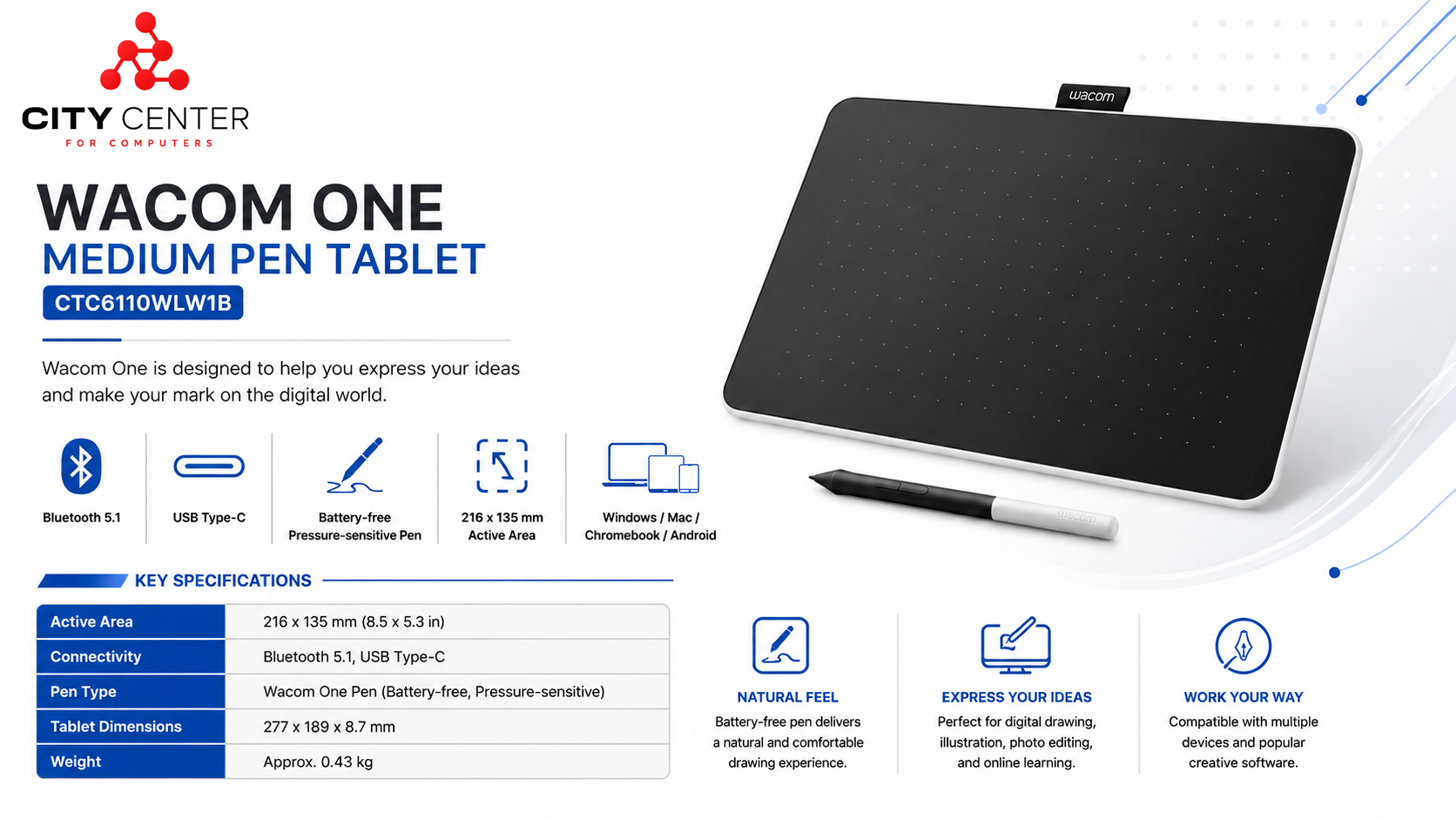Wacom One Medium Pen Tablet CTC6110WLW1B Overview