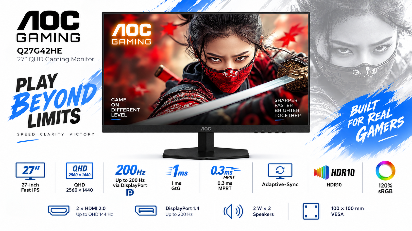 AOC Q27G42HE 27-inch QHD 200Hz Fast IPS Gaming Monitor Black Red Overview