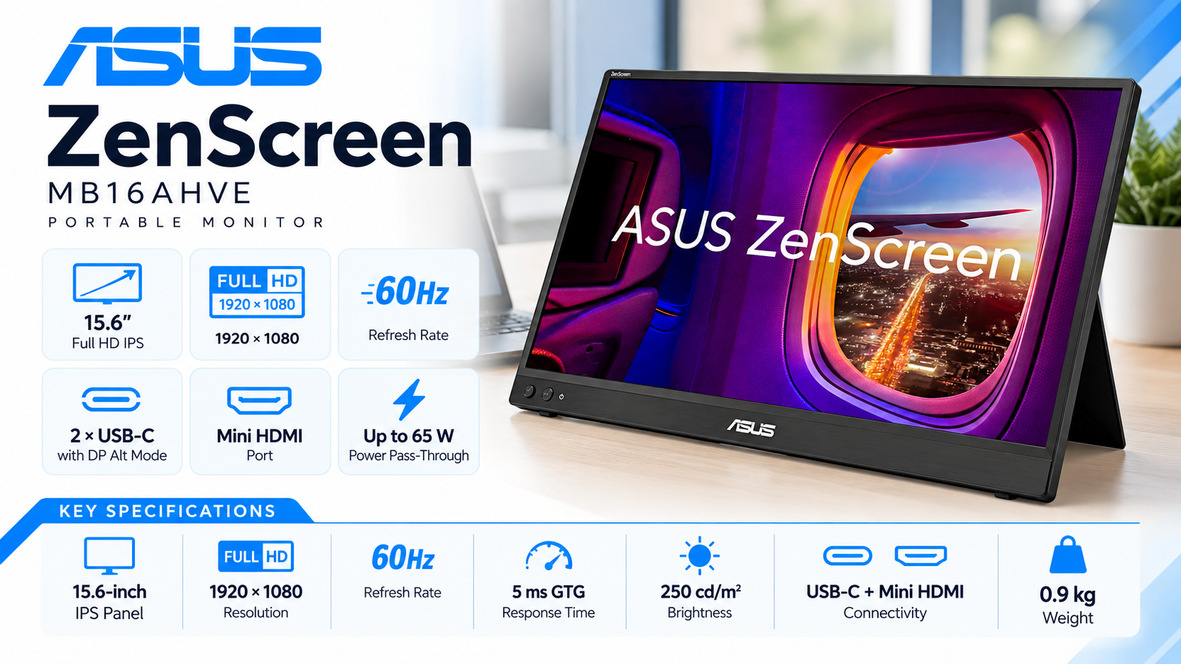 ASUS ZenScreen MB16AHVE 15.6-inch FHD IPS Portable Monitor Overview