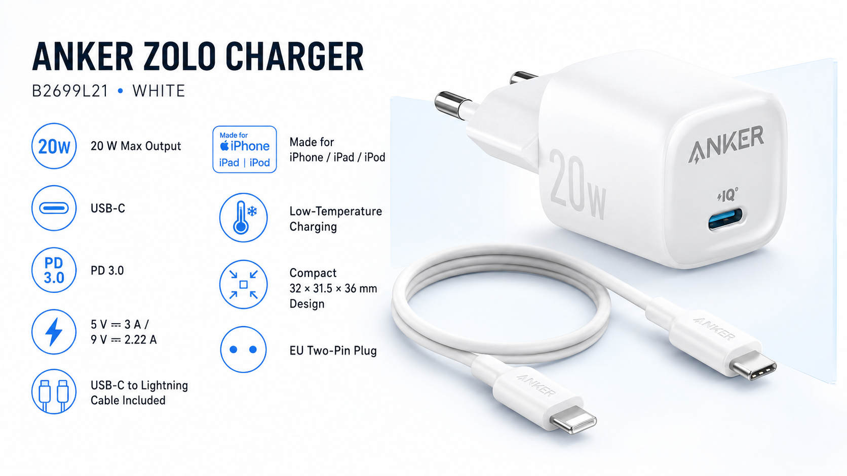 Anker Zolo 20W PD 3.0 USB-C Wall Charger with USB-C to Lightning Cable White Overview