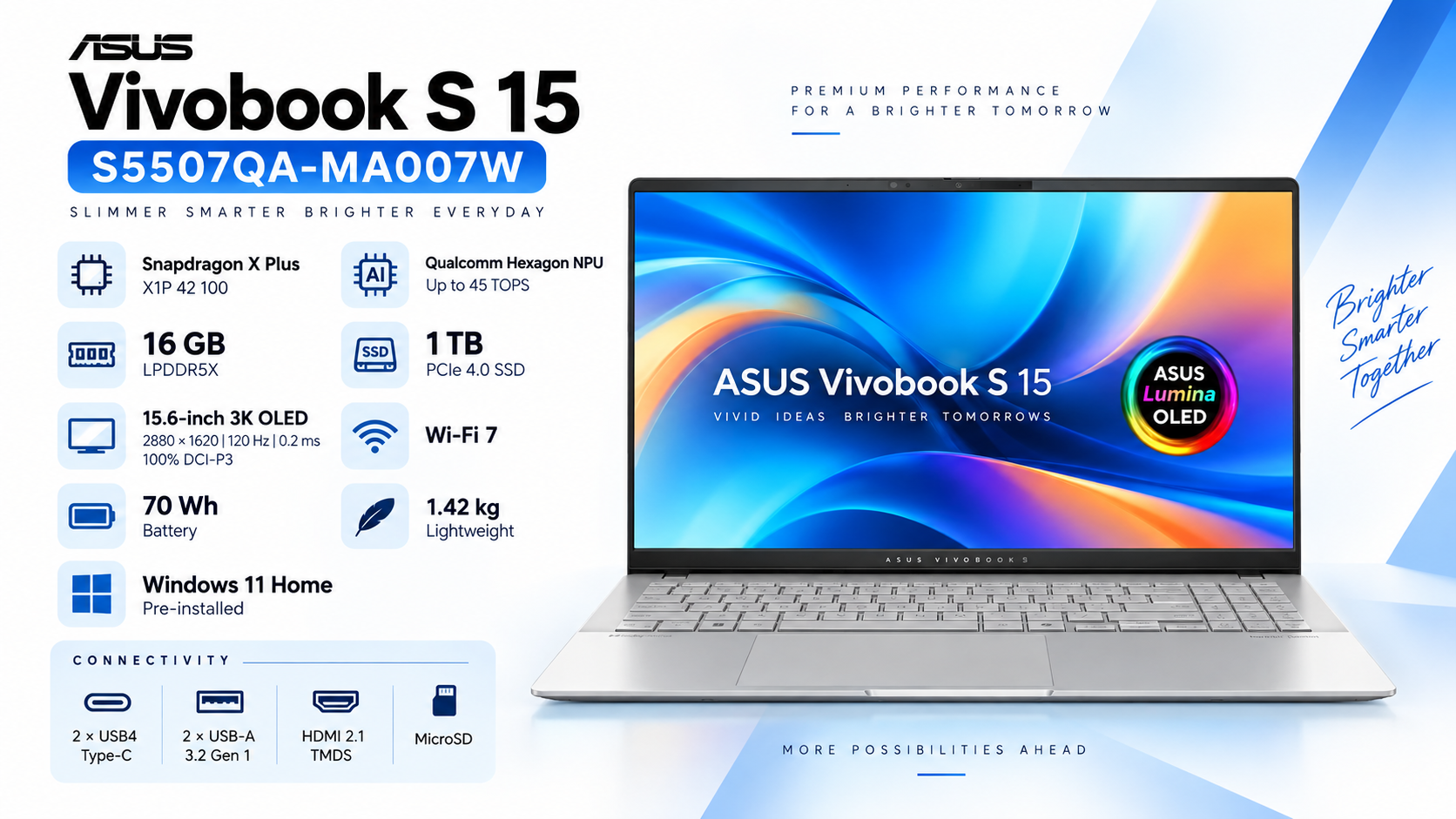 ASUS Vivobook S 15 S5507QA-MA007W Snapdragon X Plus 16GB 1TB 15.6-inch 3K OLED 120Hz Cool Silver Overview