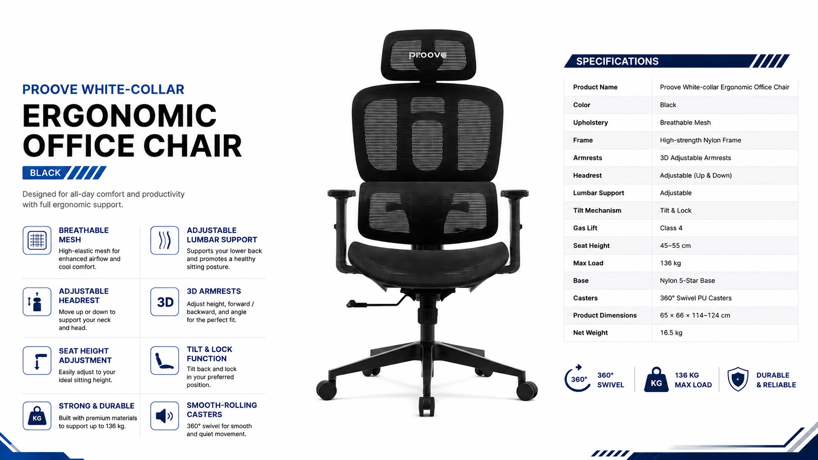 Proove White-collar Ergonomic Office Chair Black Overview