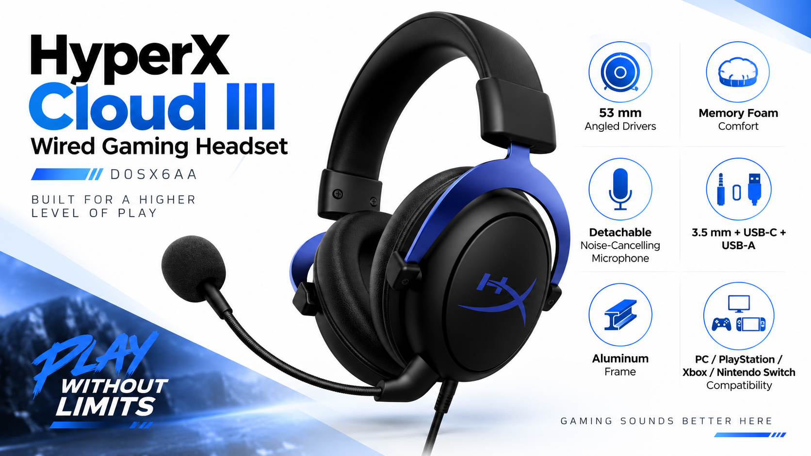 HyperX Cloud III Wired Gaming Headset Black-Blue Overview