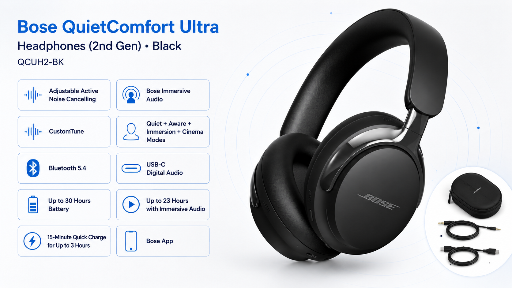 Bose QuietComfort Ultra Headphones 2nd Gen Wireless Noise Cancelling Headphones Black Overview