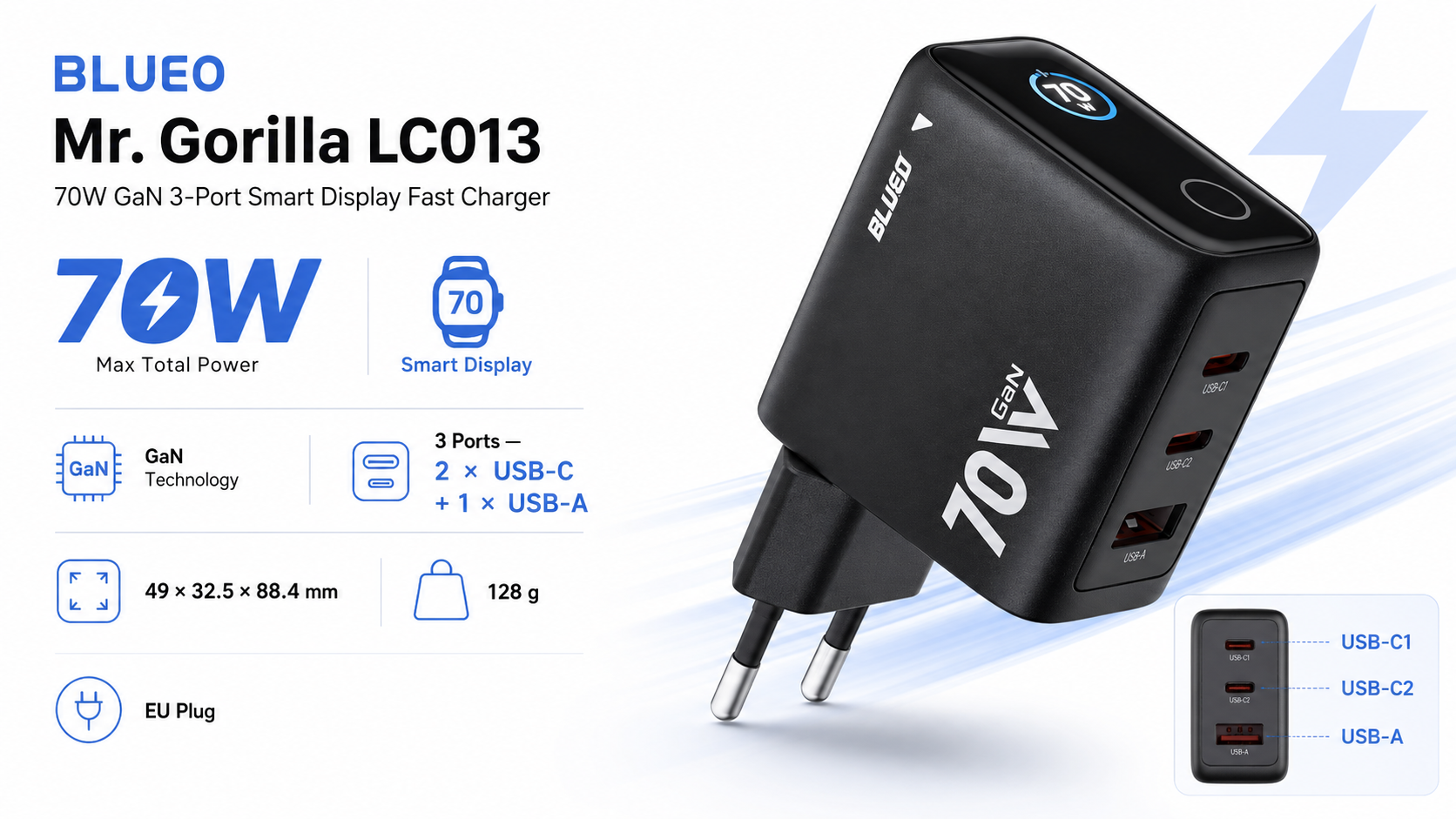 BLUEO Mr. Gorilla LC013 70W GaN 3-Port Smart Display Fast Charger EU Black Overview