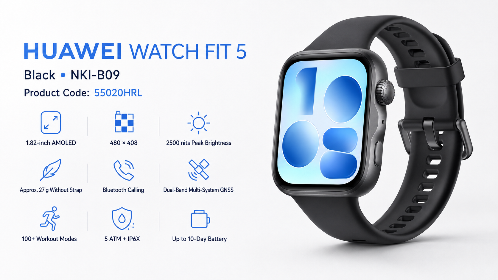 HUAWEI WATCH FIT 5 Smartwatch with Black Fluoroelastomer Strap Black Overview