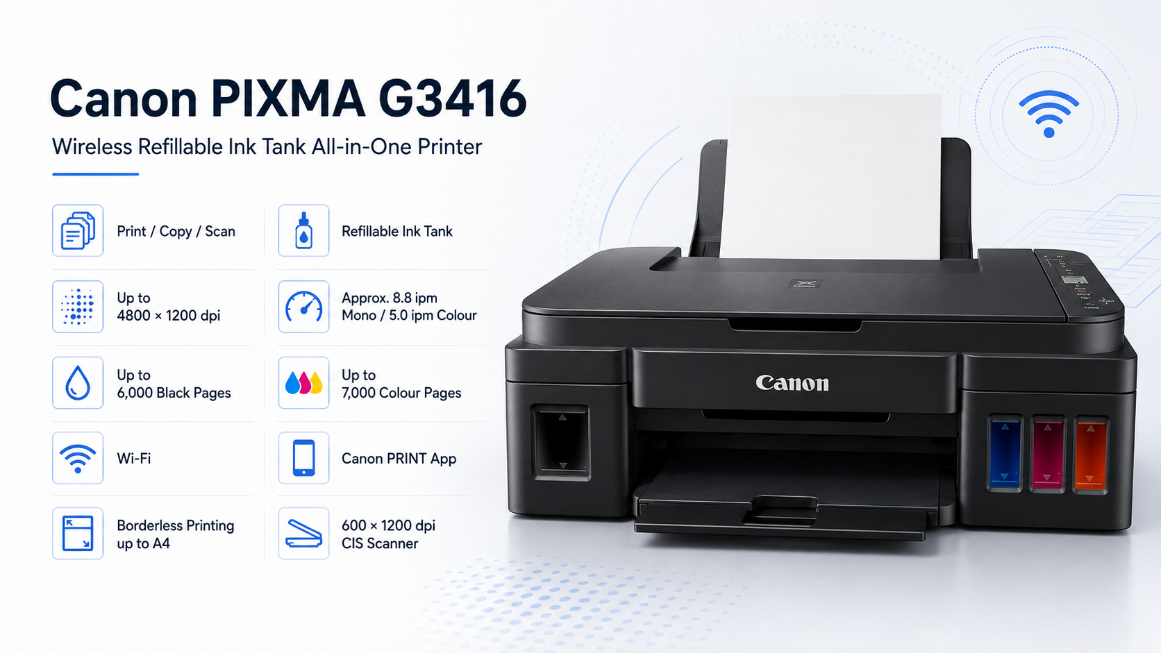 Canon PIXMA G3416 Wireless Refillable Ink Tank All-in-One Printer Overview