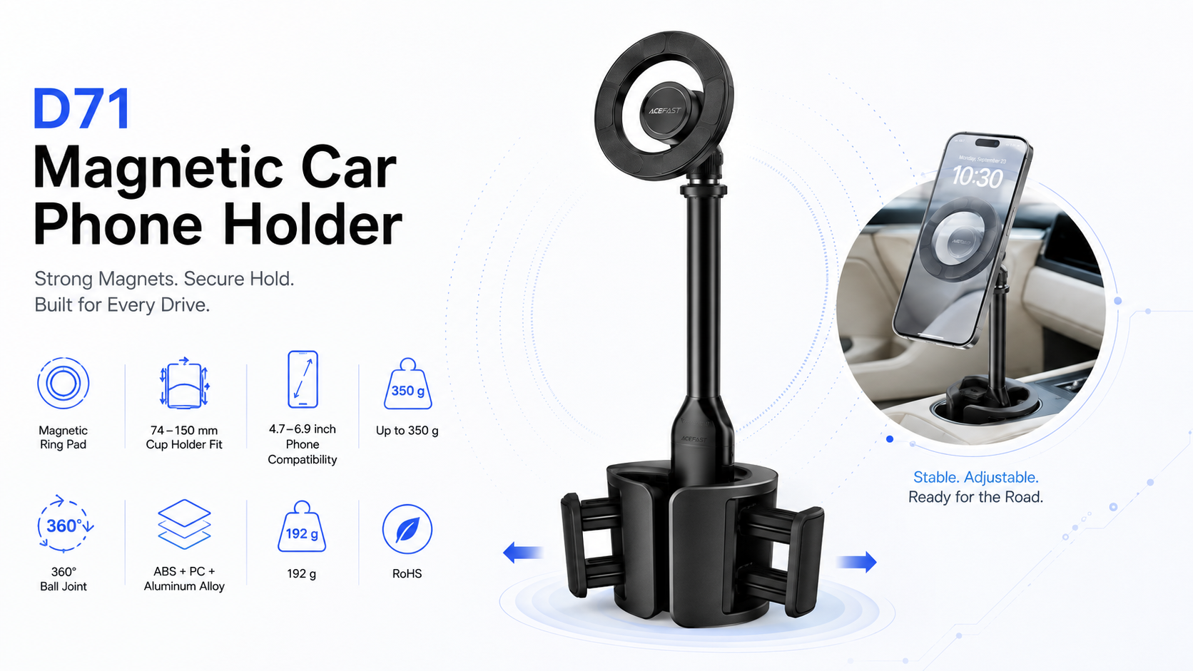 ACEFAST D71 Magnetic Car Phone Holder for Cup Holder Black Overview