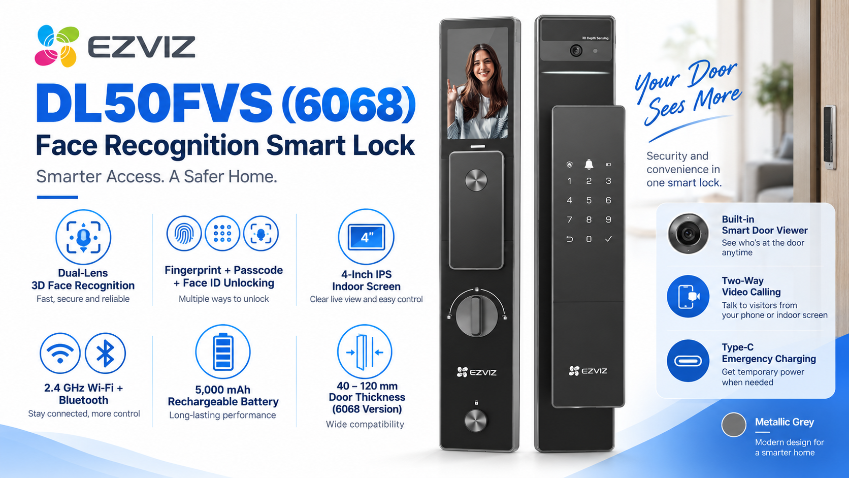 EZVIZ DL50FVS (6068) Face Recognition Smart Lock Metallic Grey Overview