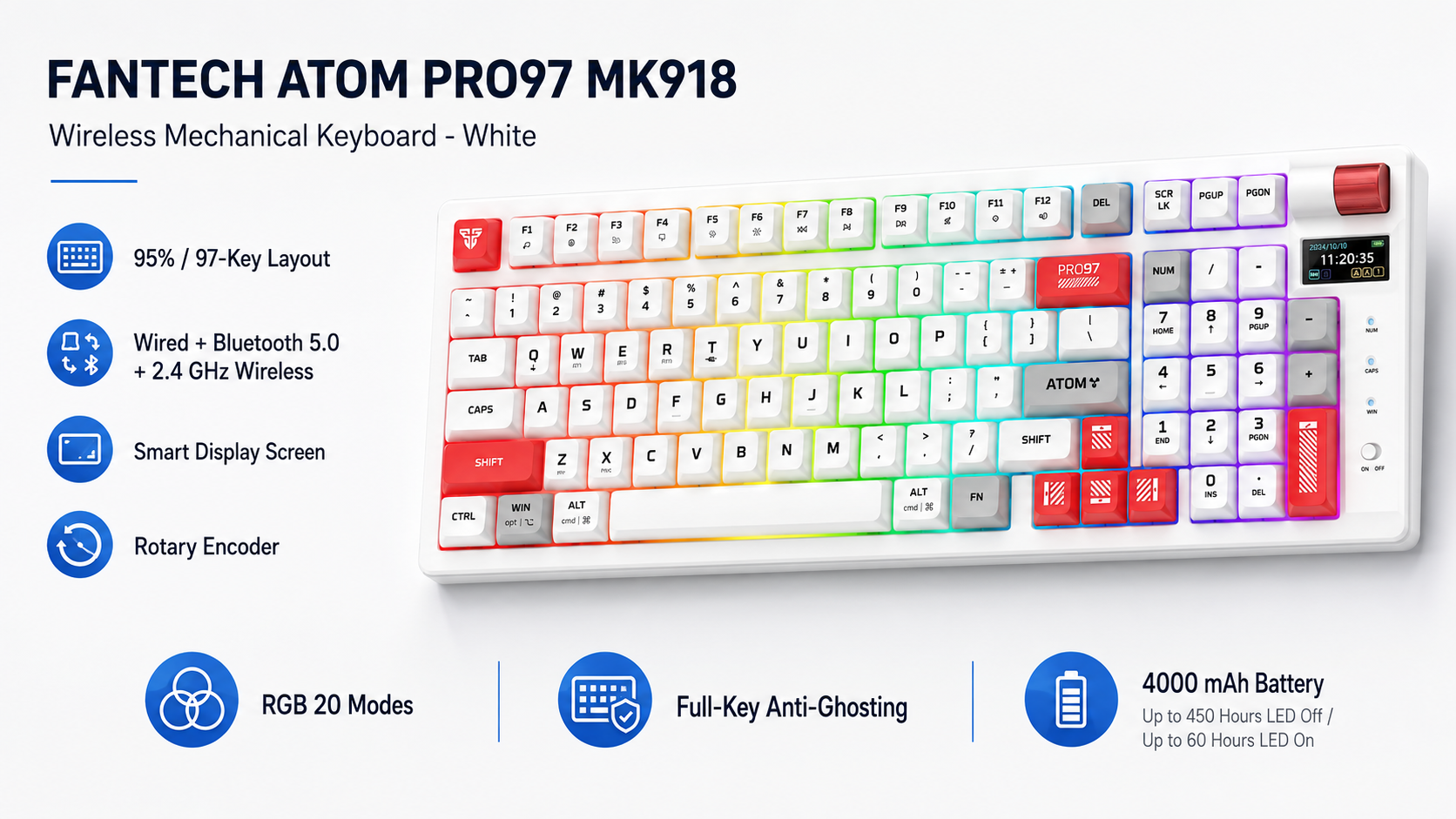 FANTECH ATOM PRO97 MK918 Wireless Mechanical Keyboard White Overview