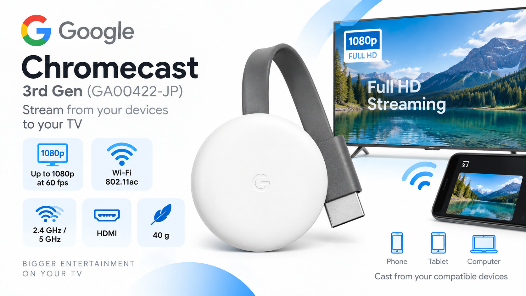 Google Chromecast 3rd Gen Streaming Media Player 1080p Chalk GA00422-JP Overview
