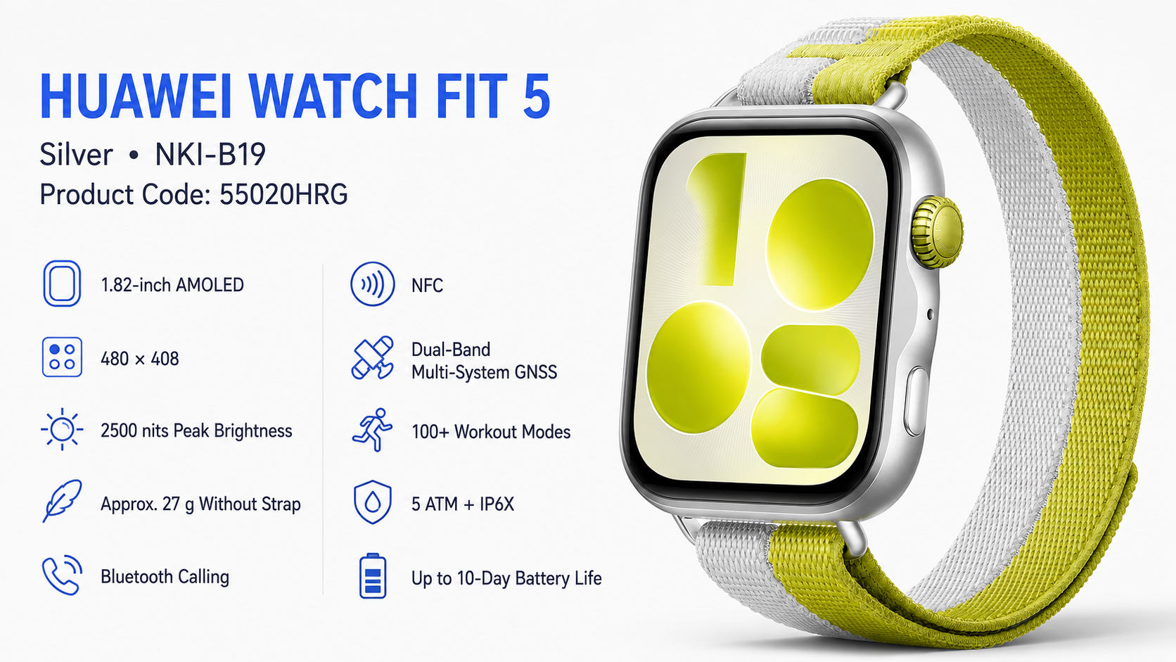 HUAWEI WATCH FIT 5 Smartwatch with Green-Grey Nylon Strap Silver Overview