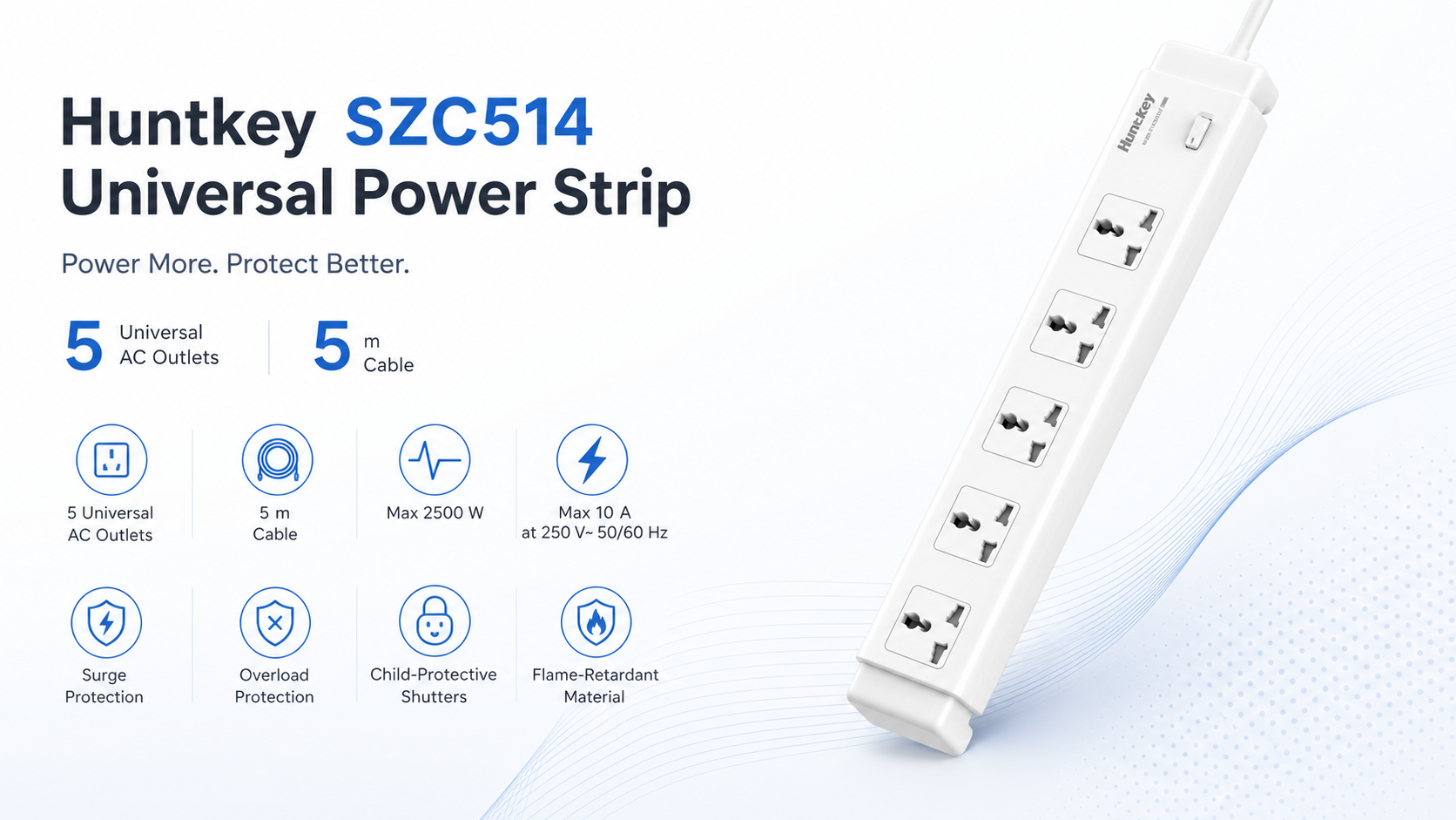 Huntkey SZC514 Universal Power Strip 5 AC Outlets 2500W with 5 m Cable Overview